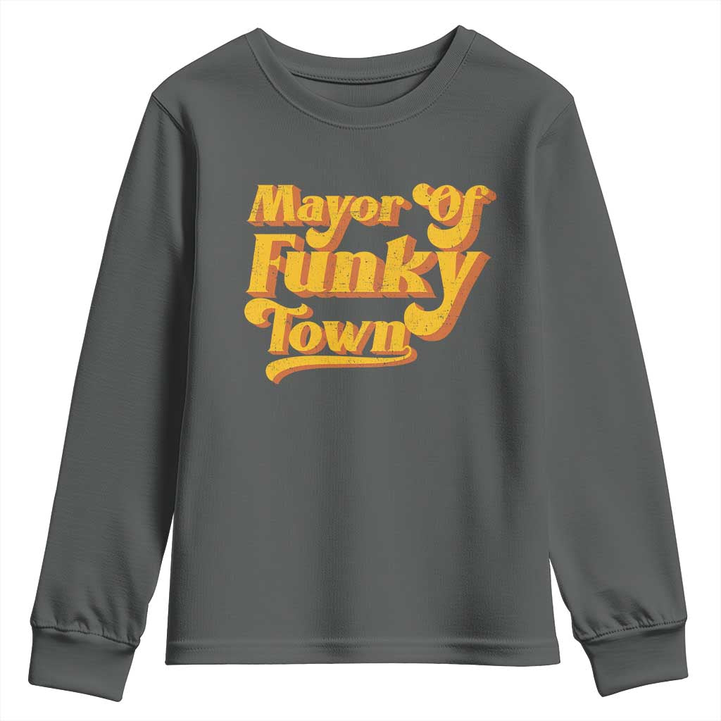 Retro Mayor of Funky Town Youth Sweatshirt Funny Vintage 70s Disco Party TS10 Dark Heather Print Your Wear