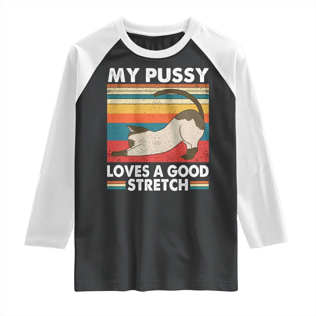 My Pussy Loves A Good Stretch Raglan Shirt Funny Humor Saying Cat Vintage TS10 Black White Print Your Wear