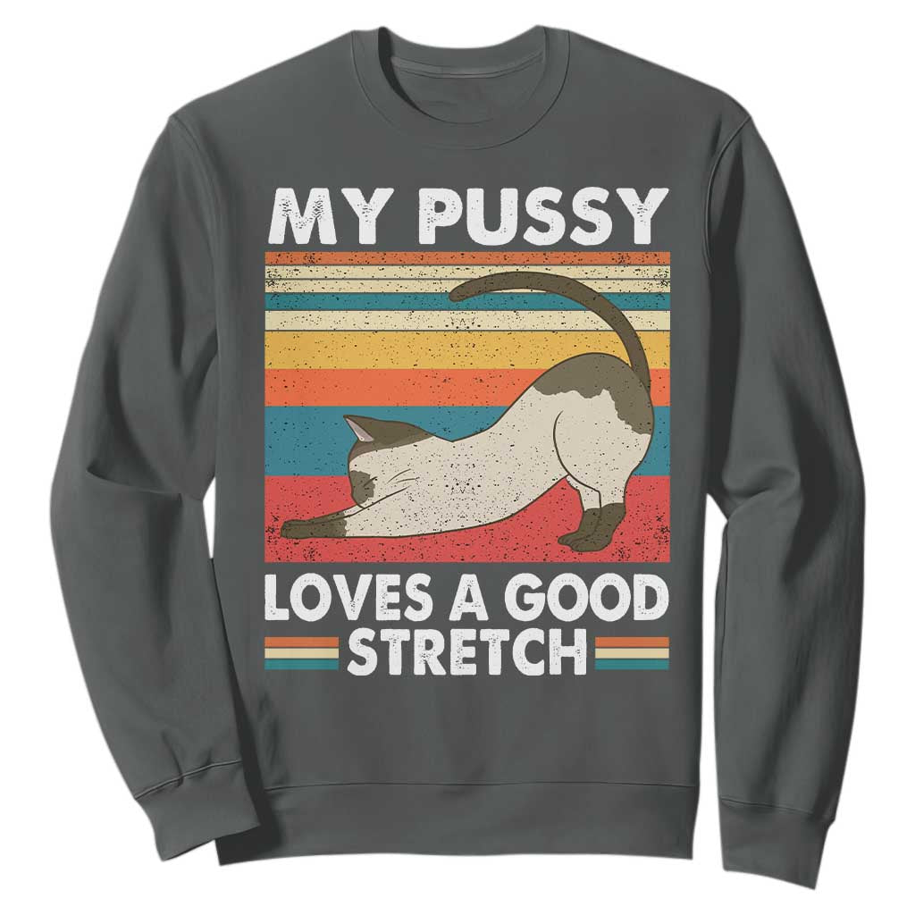 My Pussy Loves A Good Stretch Sweatshirt Funny Humor Saying Cat Vintage TS10 Dark Heather Print Your Wear