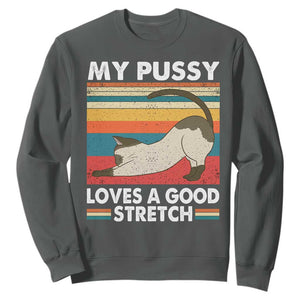 My Pussy Loves A Good Stretch Sweatshirt Funny Humor Saying Cat Vintage TS10 Dark Heather Print Your Wear