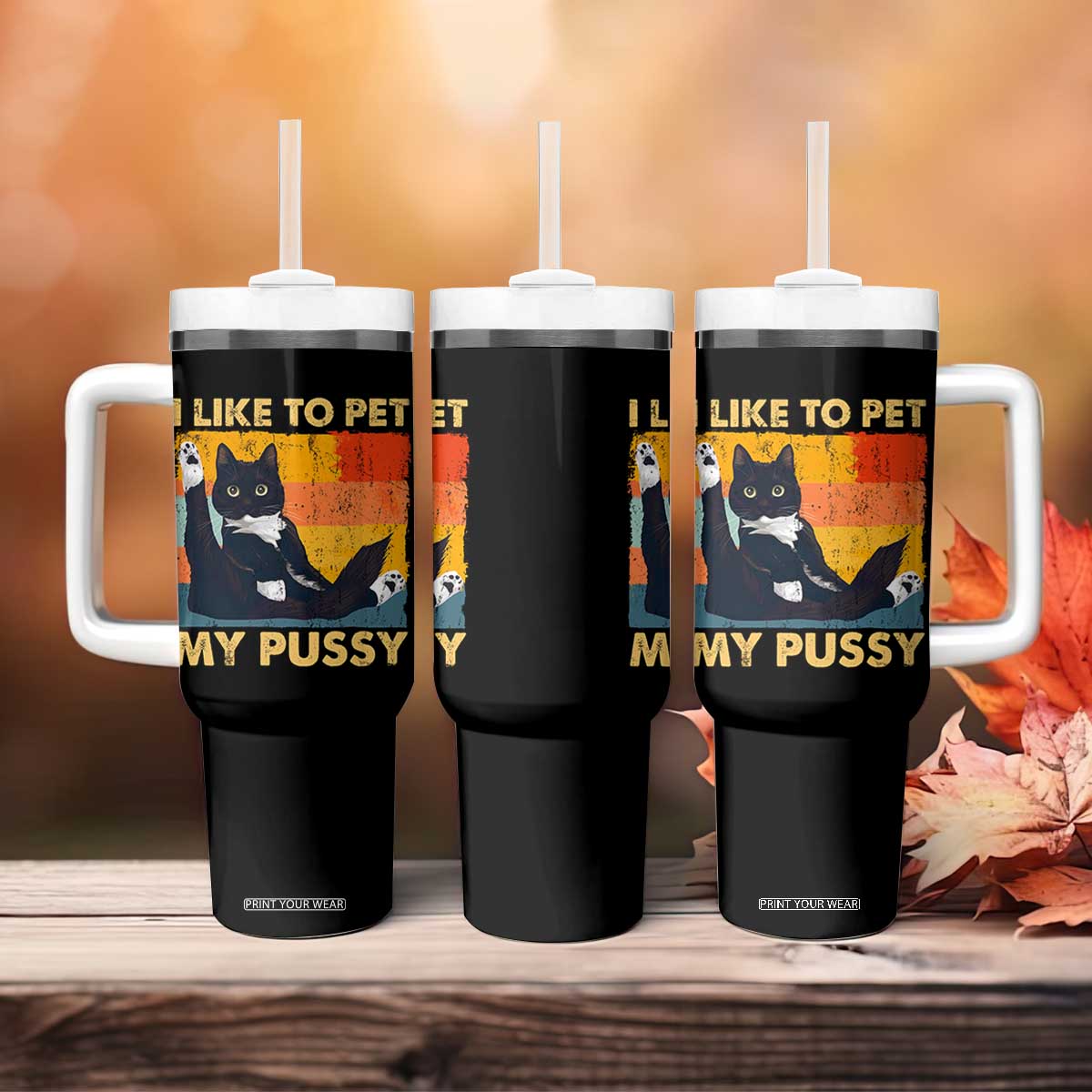 Funny Humor Saying Cat Tumbler With Handle I Like To Pet My Pussy Naughty Vintage TS10 Print Your Wear