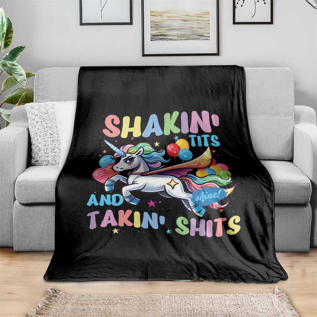 Shakin' Tits and Takin' Shits Throw Blanket Naughty Funny Unhinged Unicorn TS10 Print Your Wear