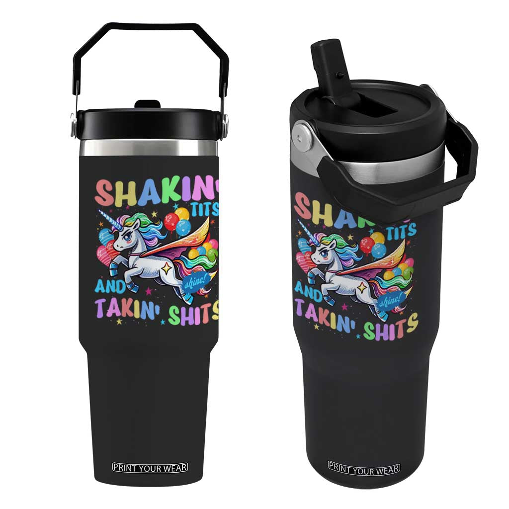 Shakin' Tits and Takin' Shits Flip Straw Tumbler Naughty Funny Unhinged Unicorn TS10 One Size: 30 oz Black Print Your Wear