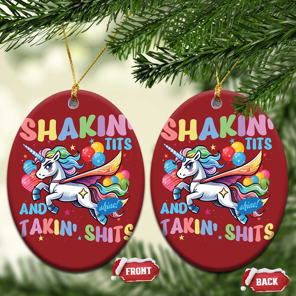 Shakin' Tits and Takin' Shits Christmas Ornament Naughty Funny Unhinged Unicorn TS10 Oval Red Print Your Wear