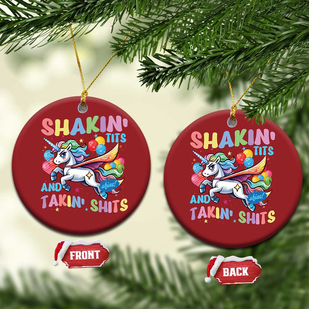 Shakin' Tits and Takin' Shits Christmas Ornament Naughty Funny Unhinged Unicorn TS10 Circle Red Print Your Wear