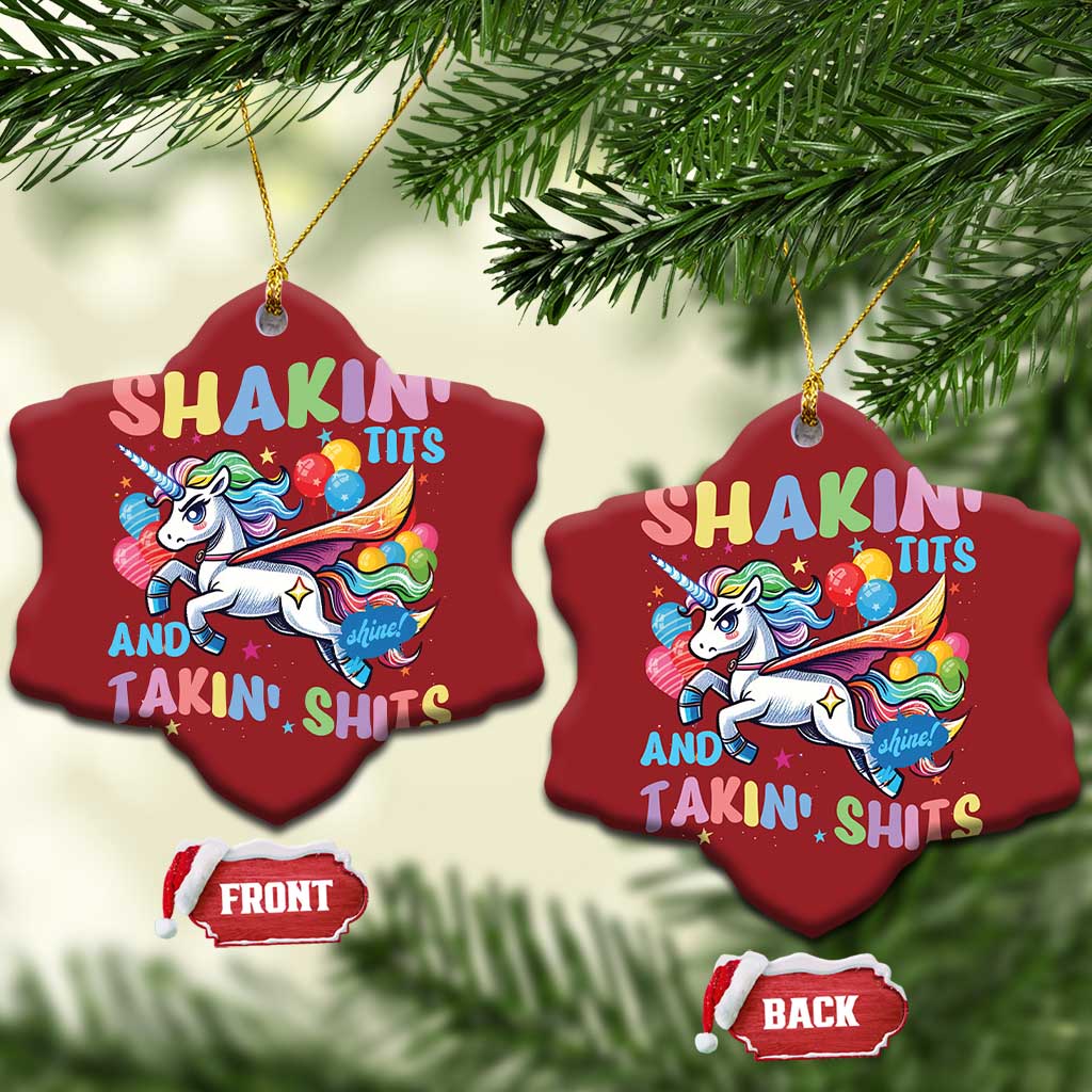 Shakin' Tits and Takin' Shits Christmas Ornament Naughty Funny Unhinged Unicorn TS10 Snow Flake Red Print Your Wear