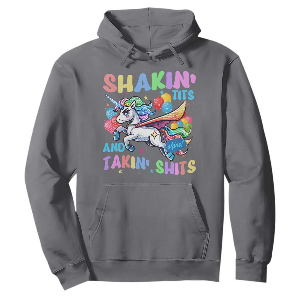Shakin' Tits and Takin' Shits Hoodie Naughty Funny Unhinged Unicorn TS10 Charcoal Print Your Wear