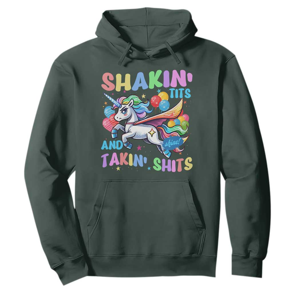 Shakin' Tits and Takin' Shits Hoodie Naughty Funny Unhinged Unicorn TS10 Dark Forest Green Print Your Wear