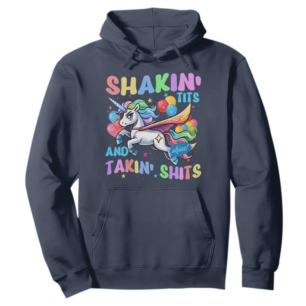 Shakin' Tits and Takin' Shits Hoodie Naughty Funny Unhinged Unicorn TS10 Navy Print Your Wear
