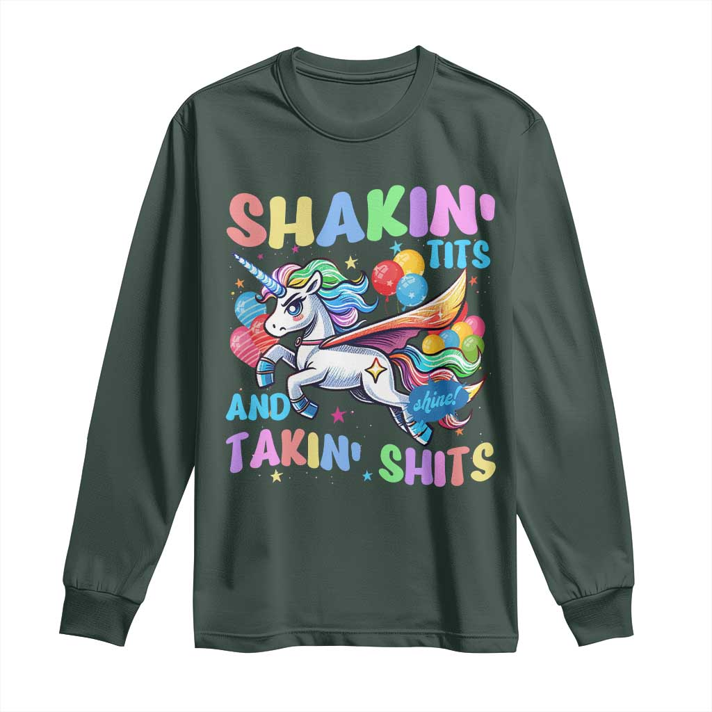 Shakin' Tits and Takin' Shits Long Sleeve Shirt Naughty Funny Unhinged Unicorn TS10 Dark Forest Green Print Your Wear