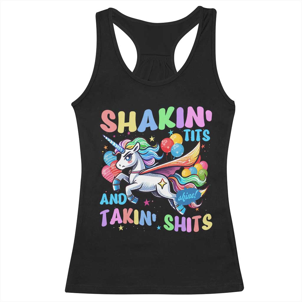 Shakin' Tits and Takin' Shits Racerback Tank Top Naughty Funny Unhinged Unicorn TS10 Black Print Your Wear