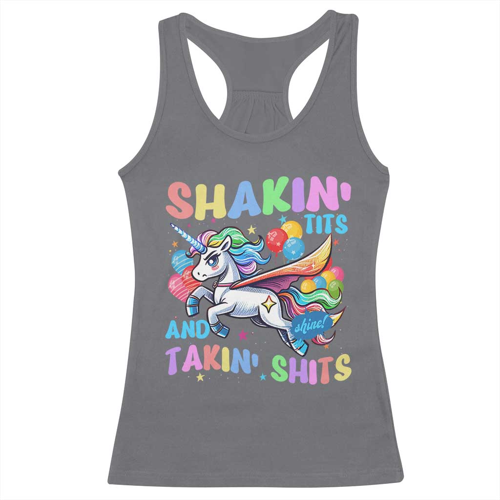 Shakin' Tits and Takin' Shits Racerback Tank Top Naughty Funny Unhinged Unicorn TS10 Charcoal Print Your Wear