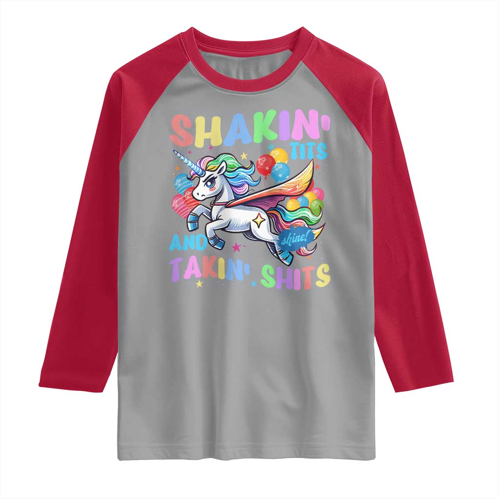 Shakin' Tits and Takin' Shits Raglan Shirt Naughty Funny Unhinged Unicorn TS10 Sport Gray Red Print Your Wear