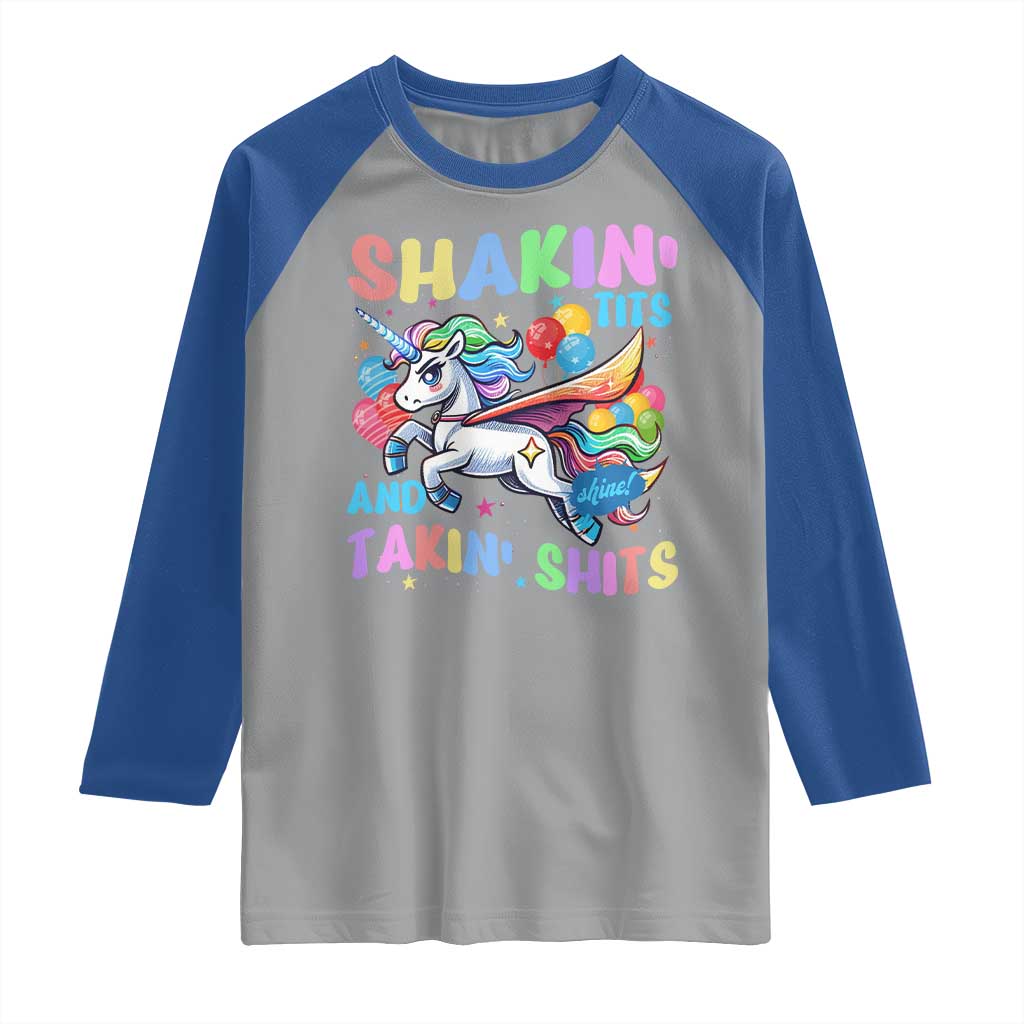 Shakin' Tits and Takin' Shits Raglan Shirt Naughty Funny Unhinged Unicorn TS10 Sport Gray Royal Print Your Wear