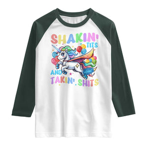Shakin' Tits and Takin' Shits Raglan Shirt Naughty Funny Unhinged Unicorn TS10 White Dark Forest Green Print Your Wear