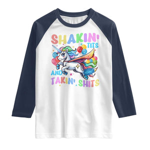 Shakin' Tits and Takin' Shits Raglan Shirt Naughty Funny Unhinged Unicorn TS10 White Navy Print Your Wear