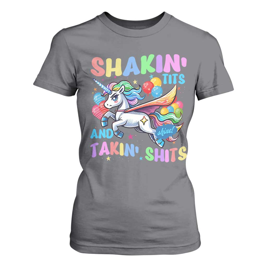 Shakin' Tits and Takin' Shits T Shirt For Women Naughty Funny Unhinged Unicorn TS10 Charcoal Print Your Wear