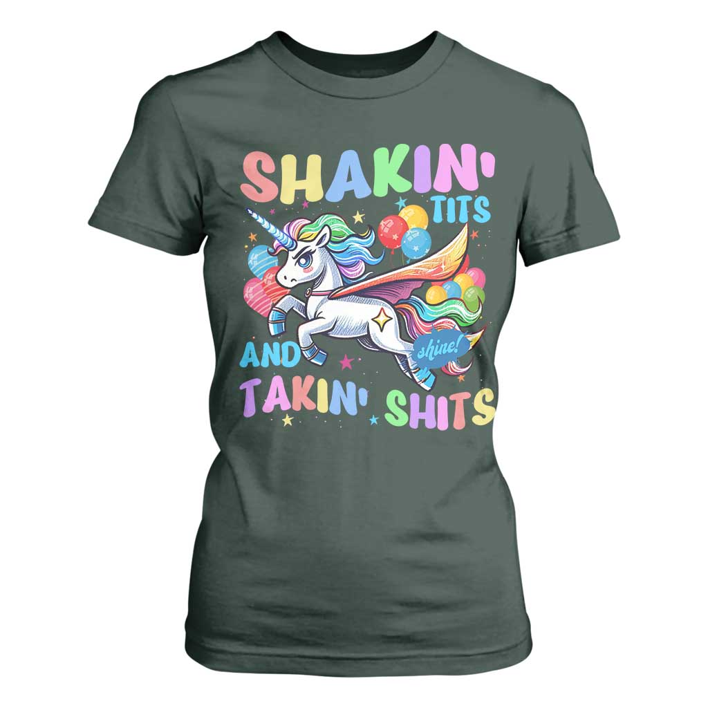 Shakin' Tits and Takin' Shits T Shirt For Women Naughty Funny Unhinged Unicorn TS10 Dark Forest Green Print Your Wear