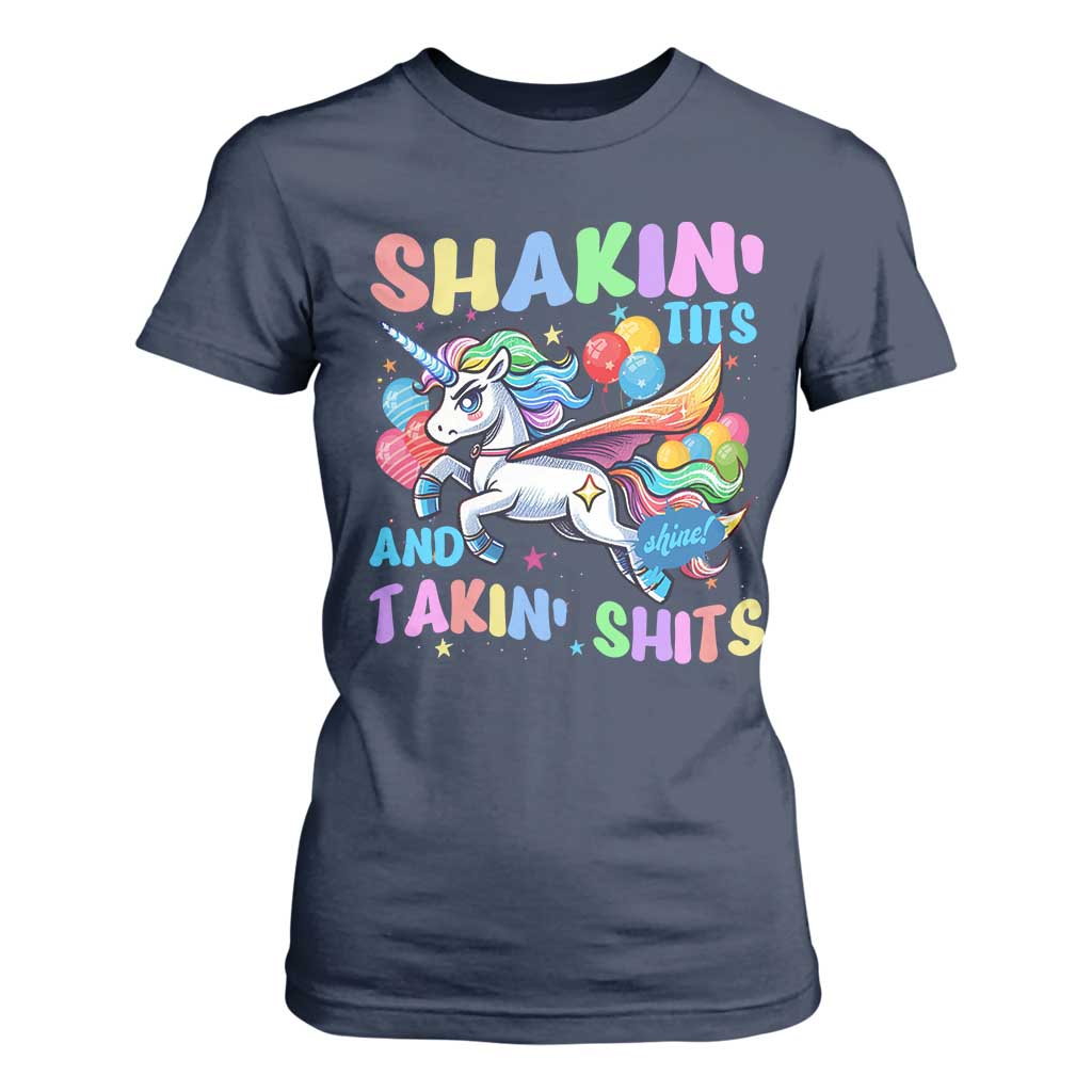 Shakin' Tits and Takin' Shits T Shirt For Women Naughty Funny Unhinged Unicorn TS10 Navy Print Your Wear