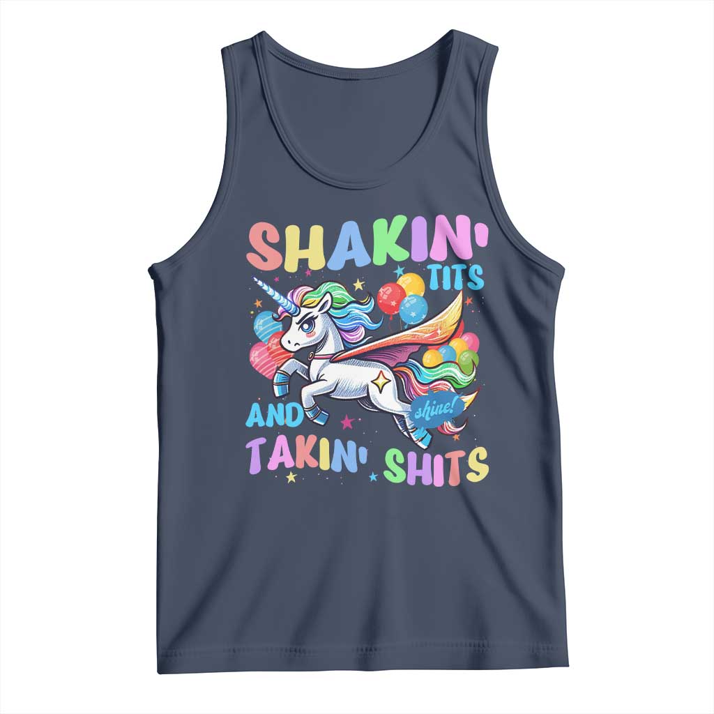 Shakin' Tits and Takin' Shits Tank Top Naughty Funny Unhinged Unicorn TS10 Navy Print Your Wear