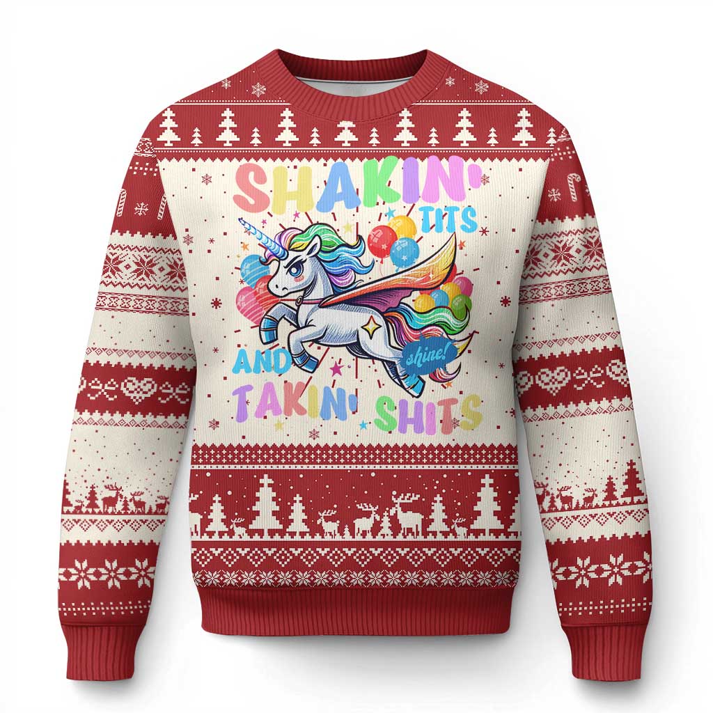 Shakin' Tits and Takin' Shits Knit Sweatshirt Naughty Funny Unhinged Unicorn TS10 Red Print Your Wear