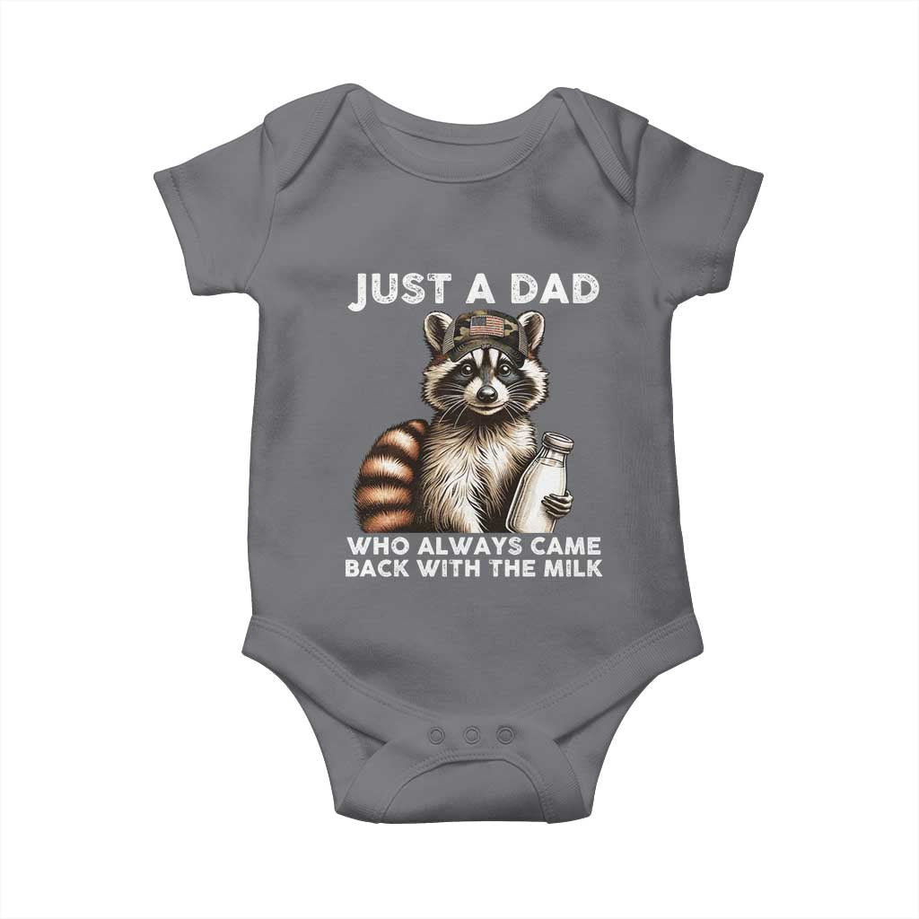 Just A Dad Who Always Came Back With The Milk Baby Onesie Retro Raccoon Camo Fathers Day TS10 Charcoal Print Your Wear