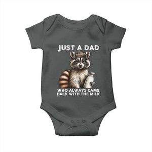 Just A Dad Who Always Came Back With The Milk Baby Onesie Retro Raccoon Camo Fathers Day TS10 Dark Heather Print Your Wear