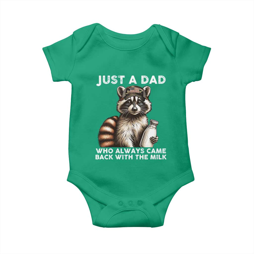 Just A Dad Who Always Came Back With The Milk Baby Onesie Retro Raccoon Camo Fathers Day TS10 Irish Green Print Your Wear