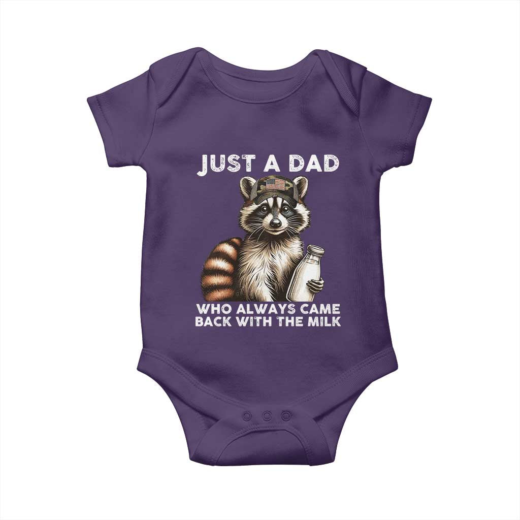 Just A Dad Who Always Came Back With The Milk Baby Onesie Retro Raccoon Camo Fathers Day TS10 Purple Print Your Wear