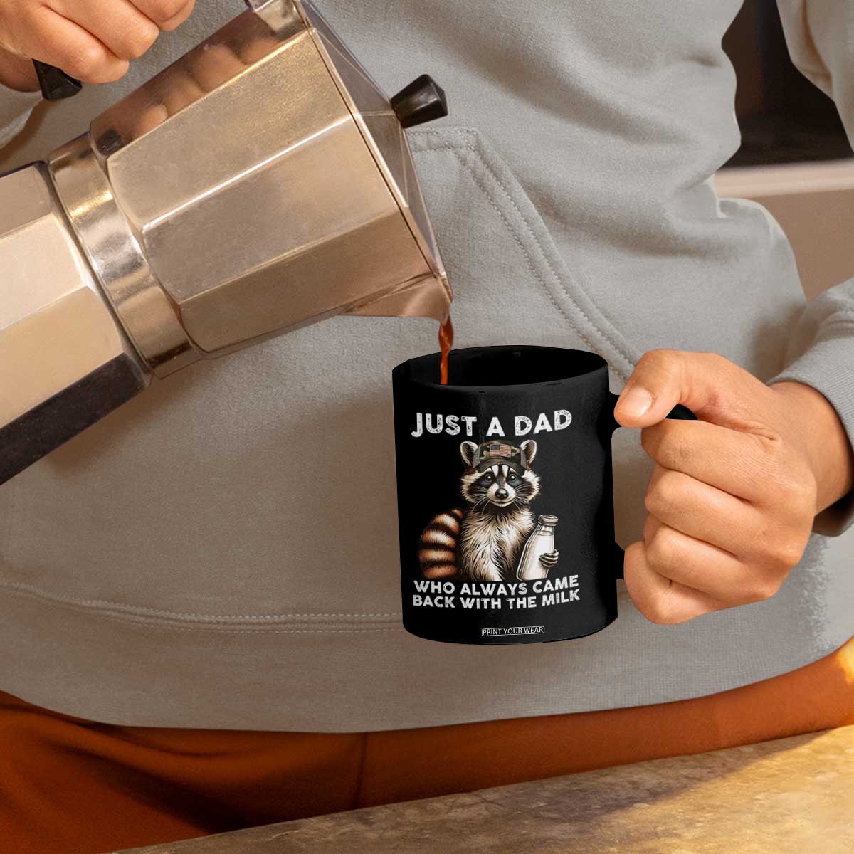 Just A Dad Who Always Came Back With The Milk Coffee Mug Retro Raccoon Camo Fathers Day TS10 Print Your Wear