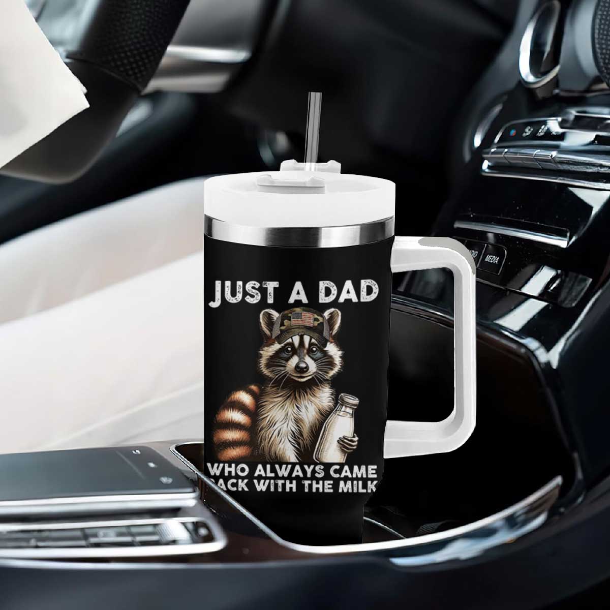 Just A Dad Who Always Came Back With The Milk Tumbler With Handle Retro Raccoon Camo Fathers Day TS10 Print Your Wear