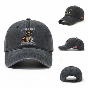 Just A Dad Who Always Came Back With The Milk Washed Cotton Baseball Cap Retro Raccoon Camo Fathers Day TS10 Washed Cap Universal Fit Dark Gray Print Your Wear
