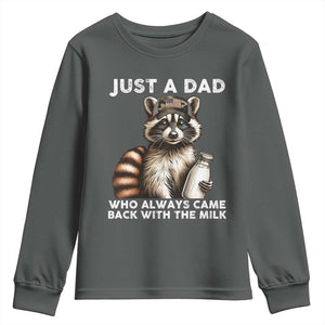 Just A Dad Who Always Came Back With The Milk Youth Sweatshirt Retro Raccoon Camo Fathers Day TS10 Dark Heather Print Your Wear
