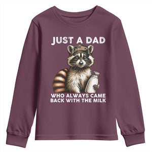 Just A Dad Who Always Came Back With The Milk Youth Sweatshirt Retro Raccoon Camo Fathers Day TS10 Maroon Print Your Wear
