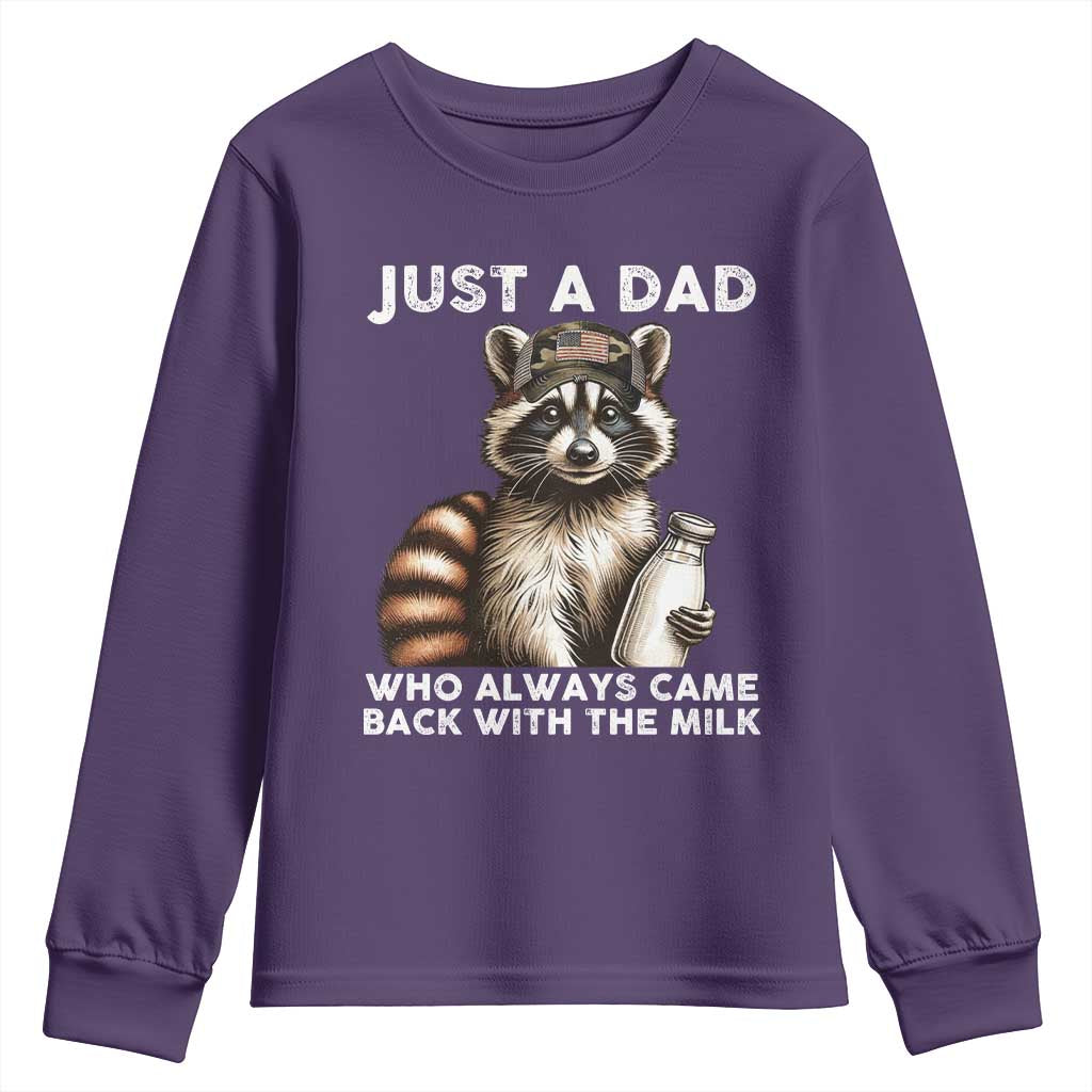 Just A Dad Who Always Came Back With The Milk Youth Sweatshirt Retro Raccoon Camo Fathers Day TS10 Purple Print Your Wear