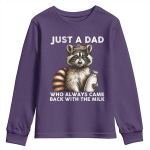 Just A Dad Who Always Came Back With The Milk Youth Sweatshirt Retro Raccoon Camo Fathers Day TS10 Purple Print Your Wear