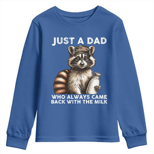 Just A Dad Who Always Came Back With The Milk Youth Sweatshirt Retro Raccoon Camo Fathers Day TS10 Royal Blue Print Your Wear