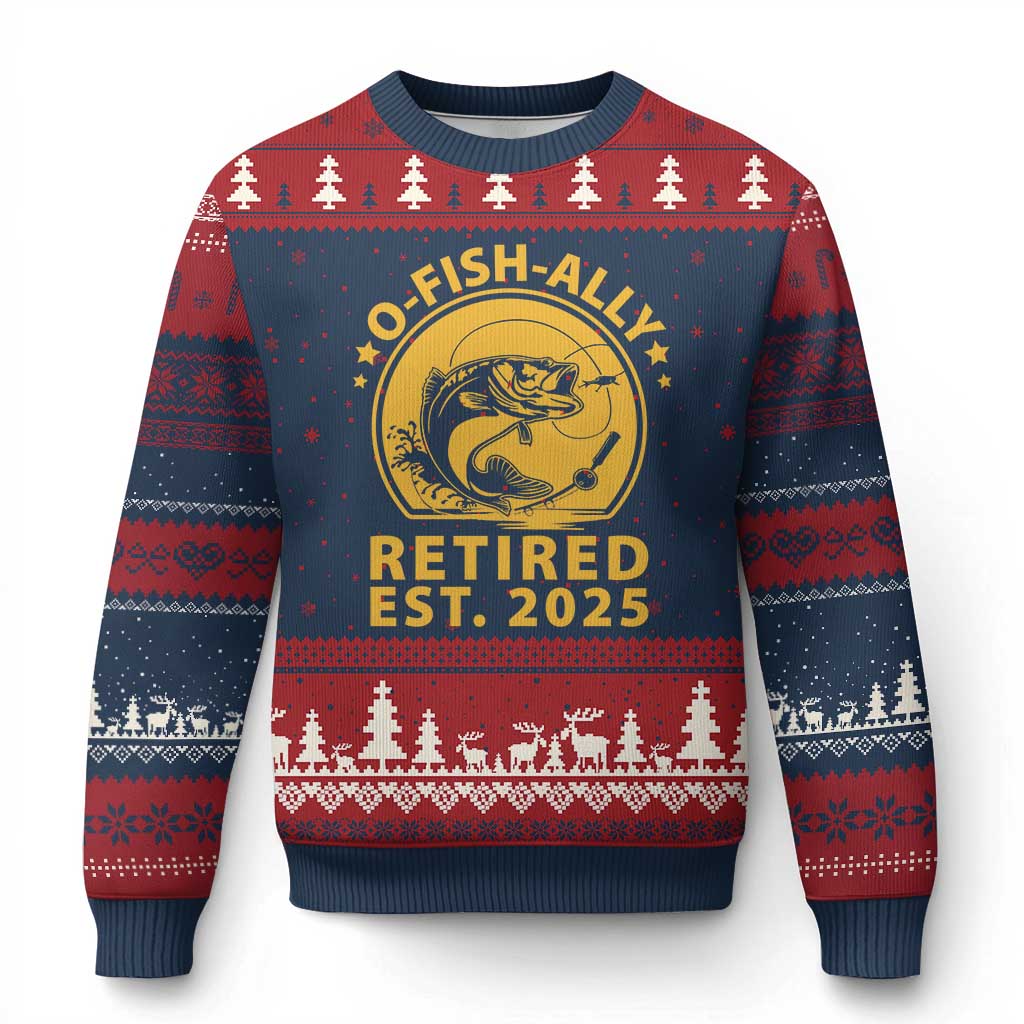 Fishing Retirement Ugly Christmas Sweater O-Fish-Ally Retired 2025 For Fisherman TS10 Navy Red Print Your Wear