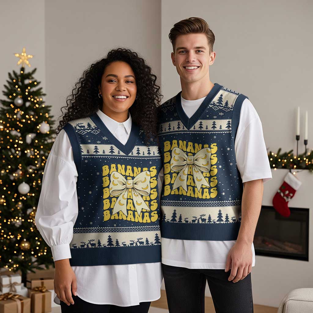 Bananas Coquette Bow V-Neck Knit Sweater Vest Retro Banana Lovers Women Girls Kids TS10 Navy Beige Print Your Wear