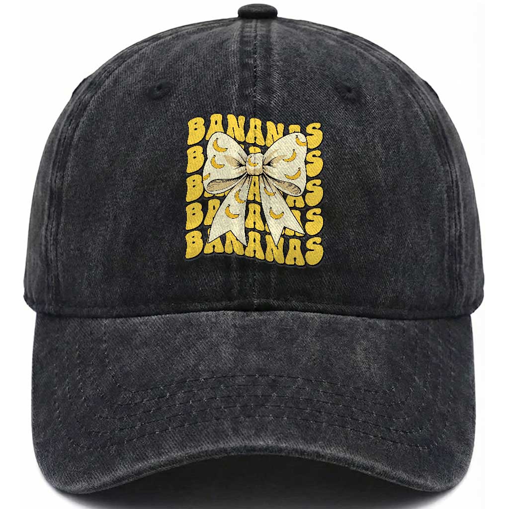Bananas Coquette Bow Washed Cotton Baseball Cap Retro Banana Lovers Women Girls Kids TS10 Washed Cap Universal Fit Black Print Your Wear
