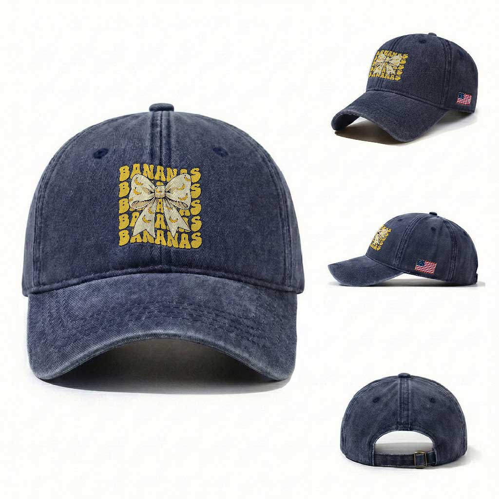 Bananas Coquette Bow Washed Cotton Baseball Cap Retro Banana Lovers Women Girls Kids TS10 Washed Cap Universal Fit Navy Print Your Wear