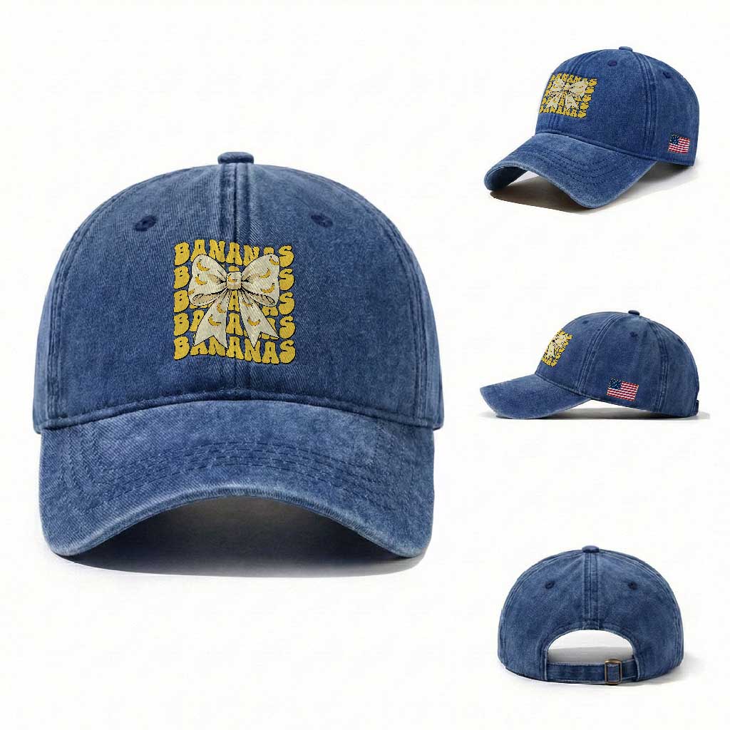 Bananas Coquette Bow Washed Cotton Baseball Cap Retro Banana Lovers Women Girls Kids TS10 Washed Cap Universal Fit Royal Blue Print Your Wear
