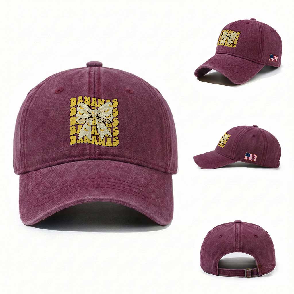 Bananas Coquette Bow Washed Cotton Baseball Cap Retro Banana Lovers Women Girls Kids TS10 Washed Cap Universal Fit Burgundy Print Your Wear