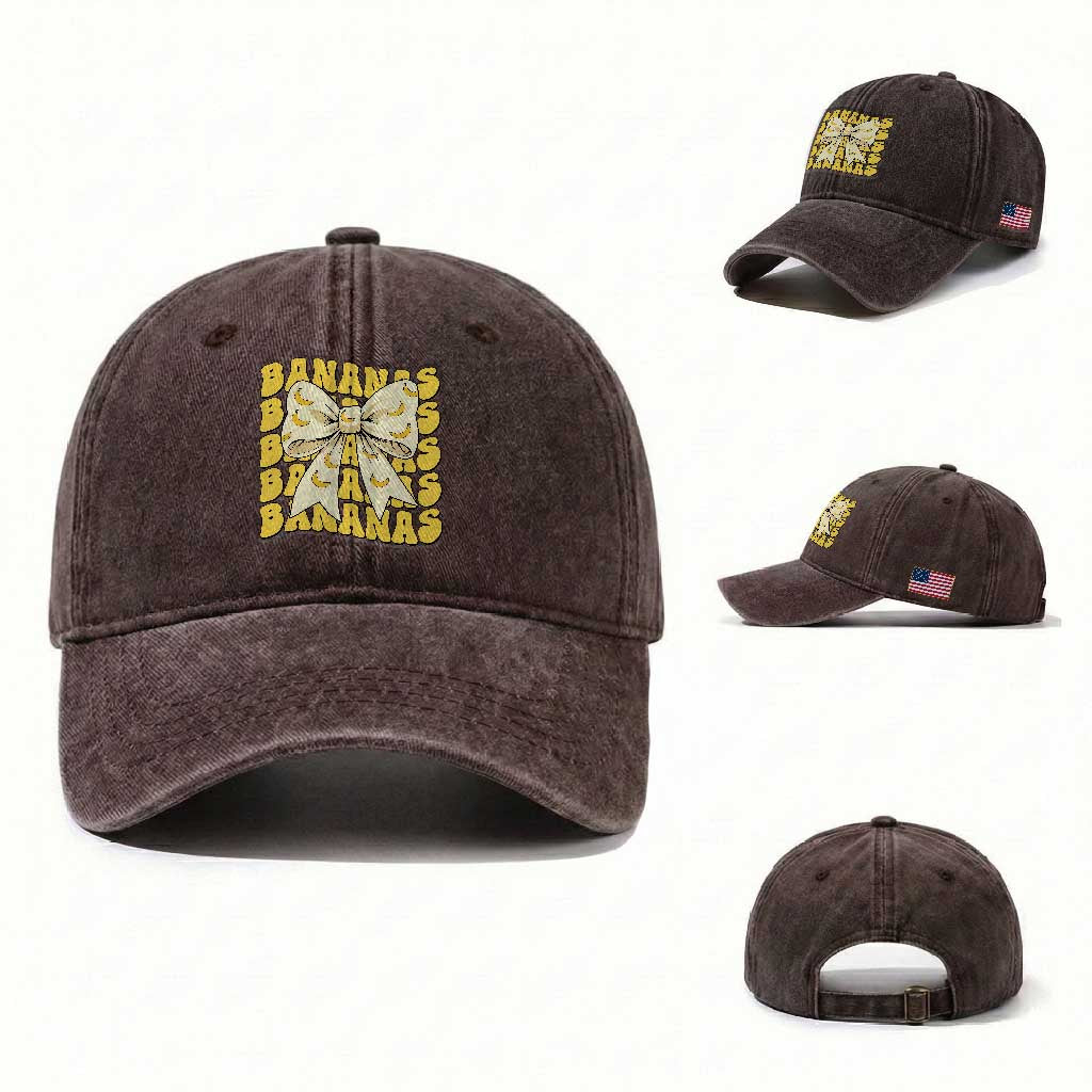 Bananas Coquette Bow Washed Cotton Baseball Cap Retro Banana Lovers Women Girls Kids TS10 Washed Cap Universal Fit Dark Brown Print Your Wear