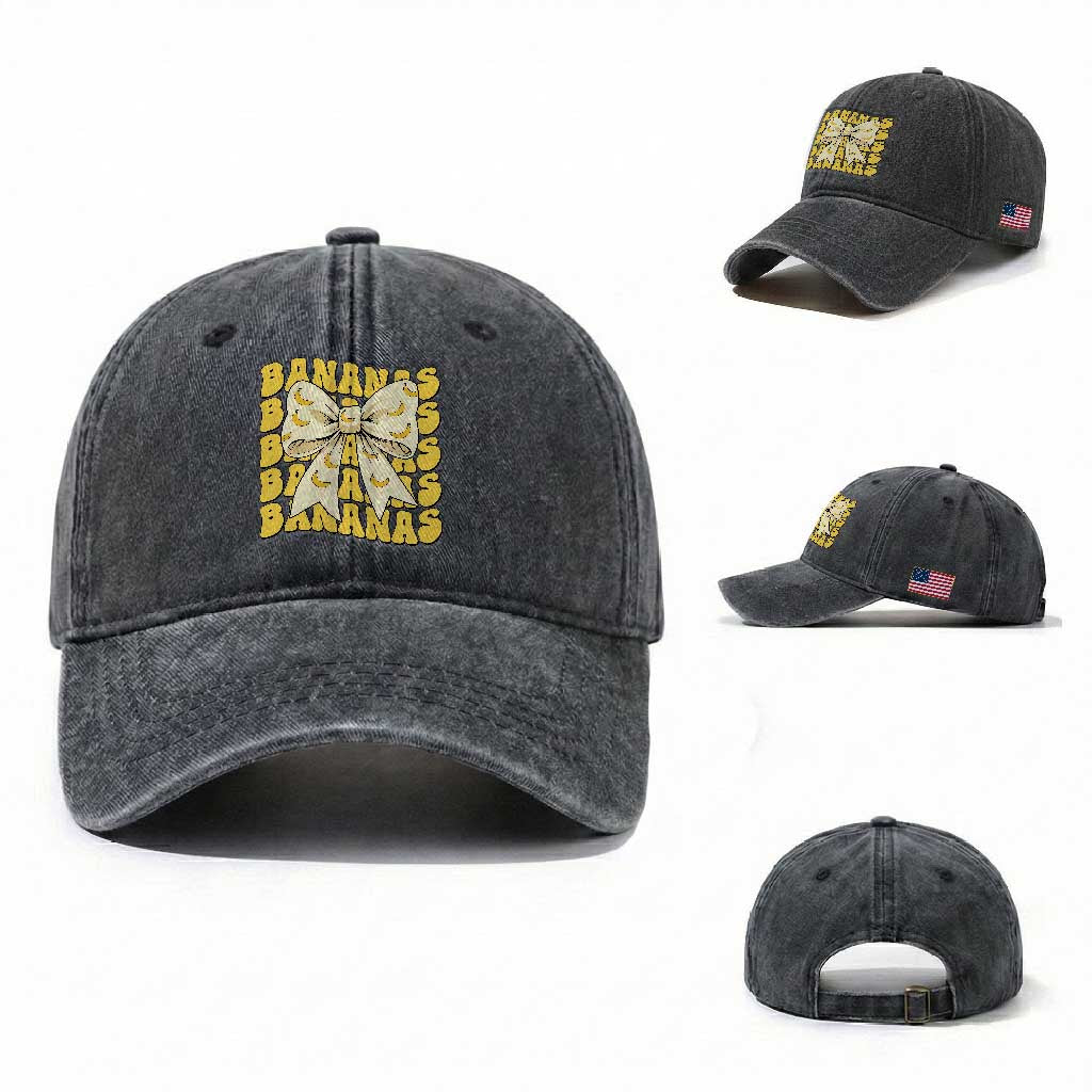 Bananas Coquette Bow Washed Cotton Baseball Cap Retro Banana Lovers Women Girls Kids TS10 Washed Cap Universal Fit Dark Gray Print Your Wear