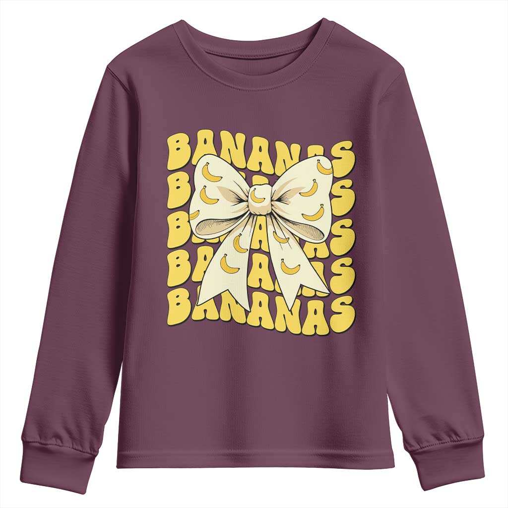 Bananas Coquette Bow Youth Sweatshirt Retro Banana Lovers Women Girls Kids TS10 Maroon Print Your Wear