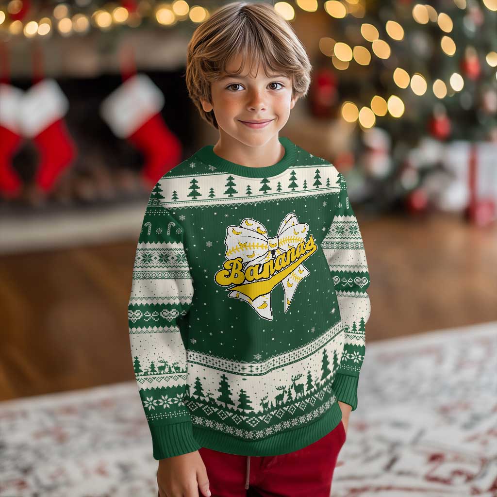 Bananas Coquette Bow Ugly Christmas Sweater Retro Throwback Popular Fruit Humor Banana Classic TS10 Forest Green Beige Print Your Wear