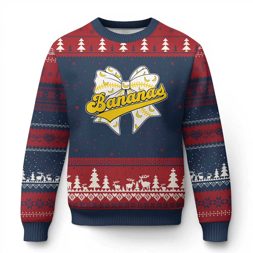 Bananas Coquette Bow Ugly Christmas Sweater Retro Throwback Popular Fruit Humor Banana Classic TS10 Navy Red Print Your Wear