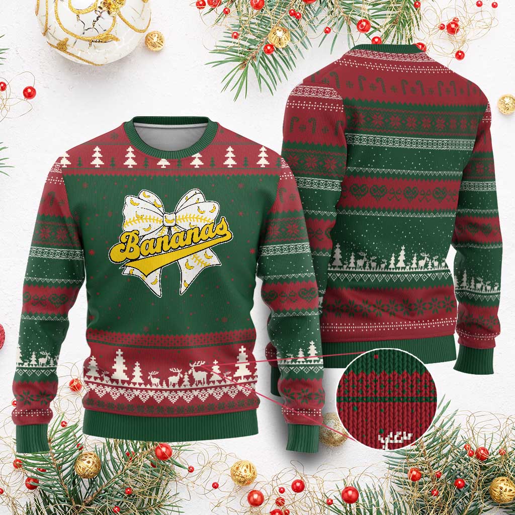 Bananas Coquette Bow Ugly Christmas Sweater Retro Throwback Popular Fruit Humor Banana Classic TS10 Red Green Print Your Wear