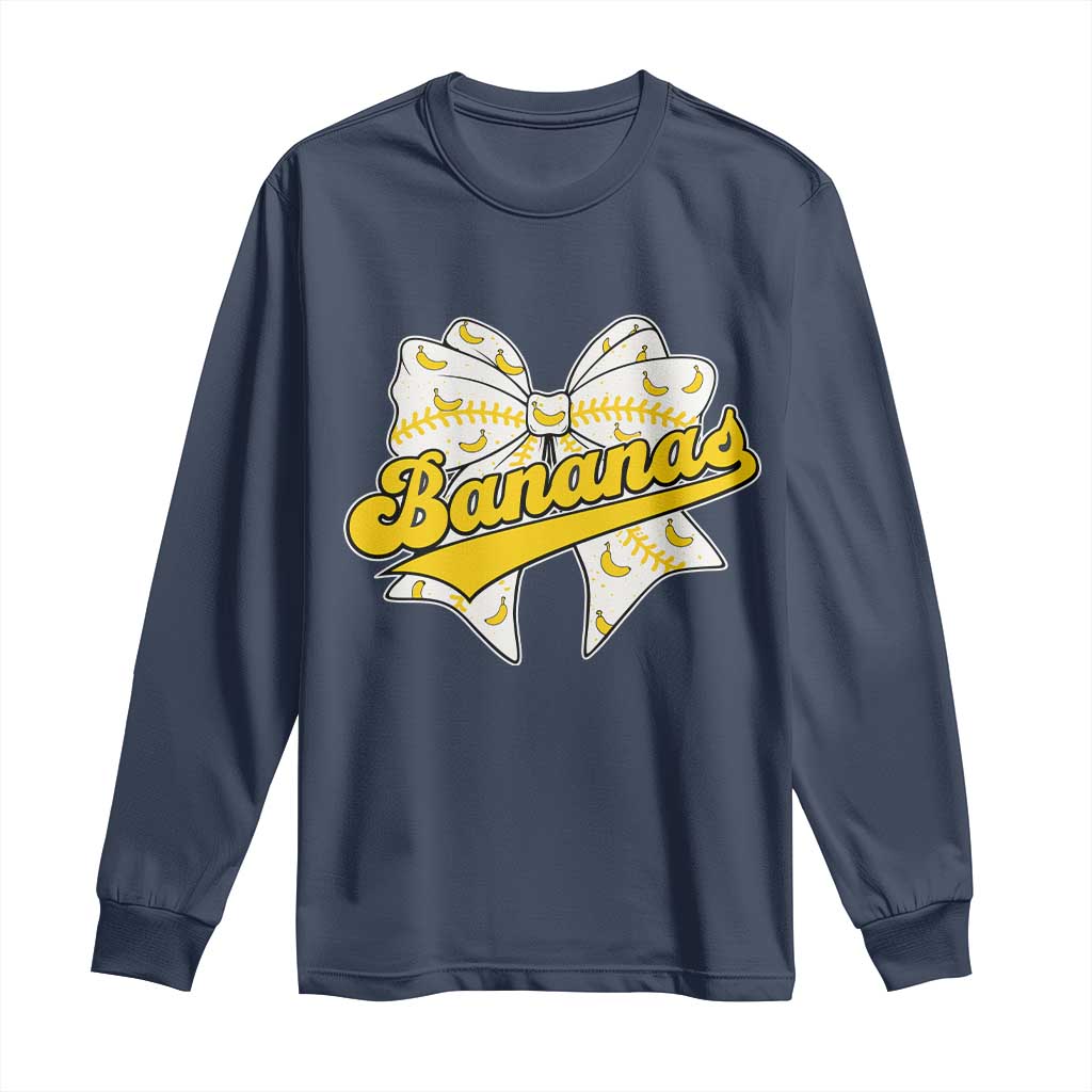 Bananas Coquette Bow Long Sleeve Shirt Retro Throwback Popular Fruit Humor Banana Classic TS10 Navy Print Your Wear